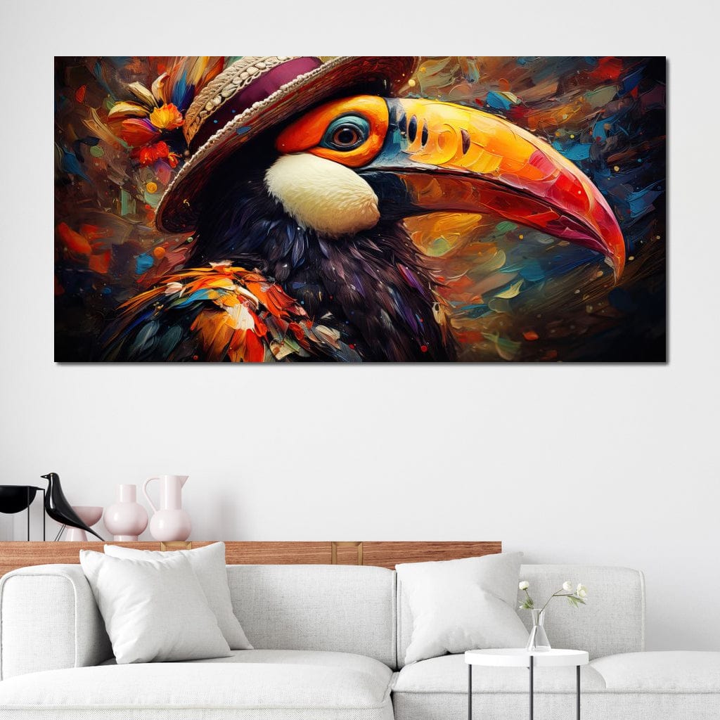 tablou canvas cu un tucan colorat cu palarie, pe fundal abstract vibrant