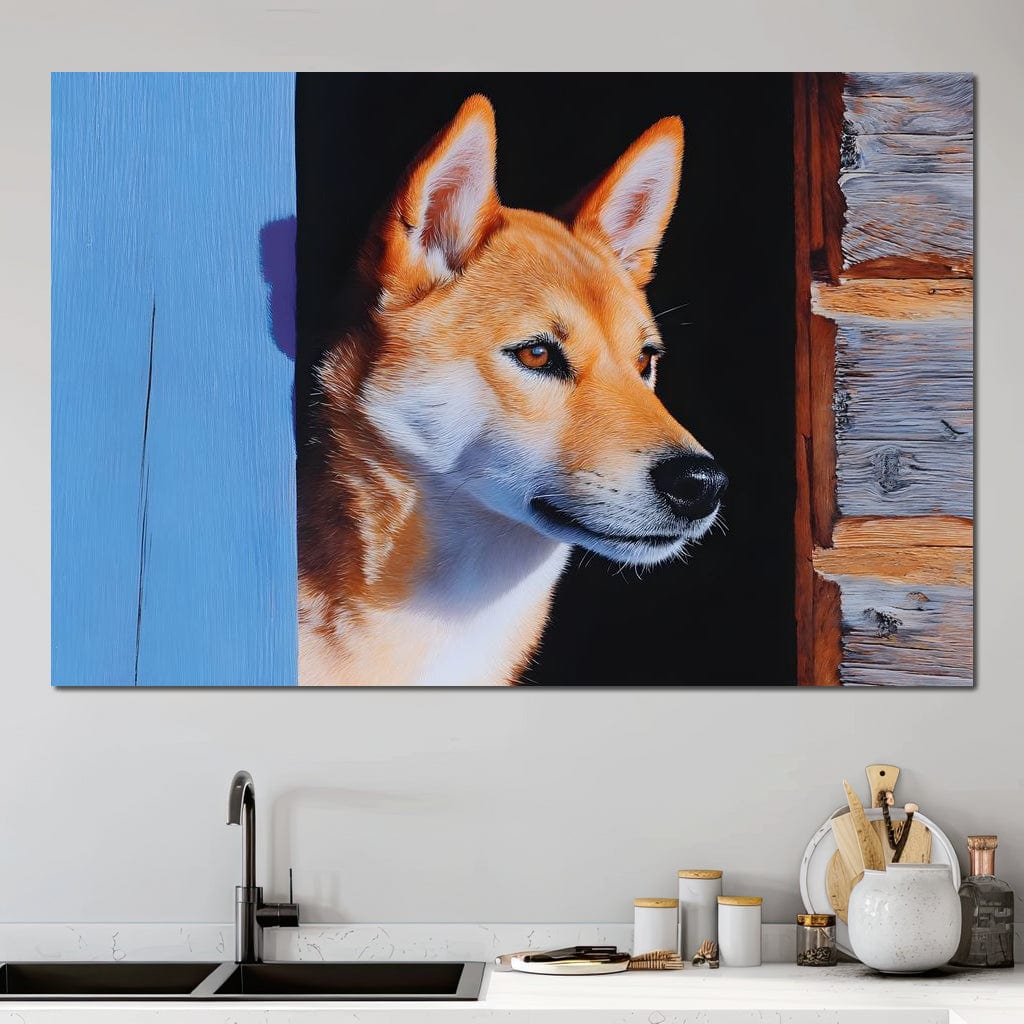 tablou canvas cu un caine cu blana roscata si alba, privind peste un gard rustic de lemn, in lumina calda de apus