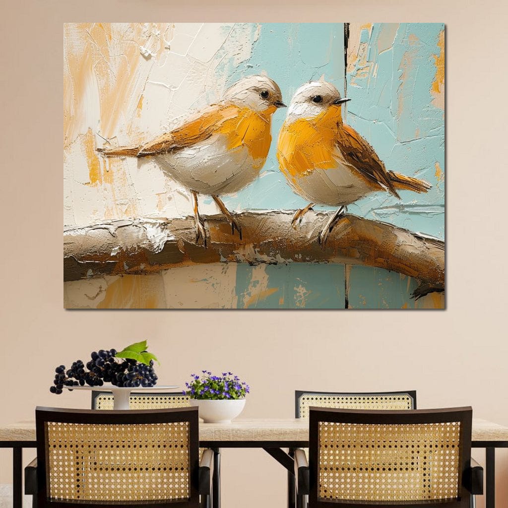 tablou canvas cu doua pasari galbene pe o ramura pe fundal texturat in stil pictura