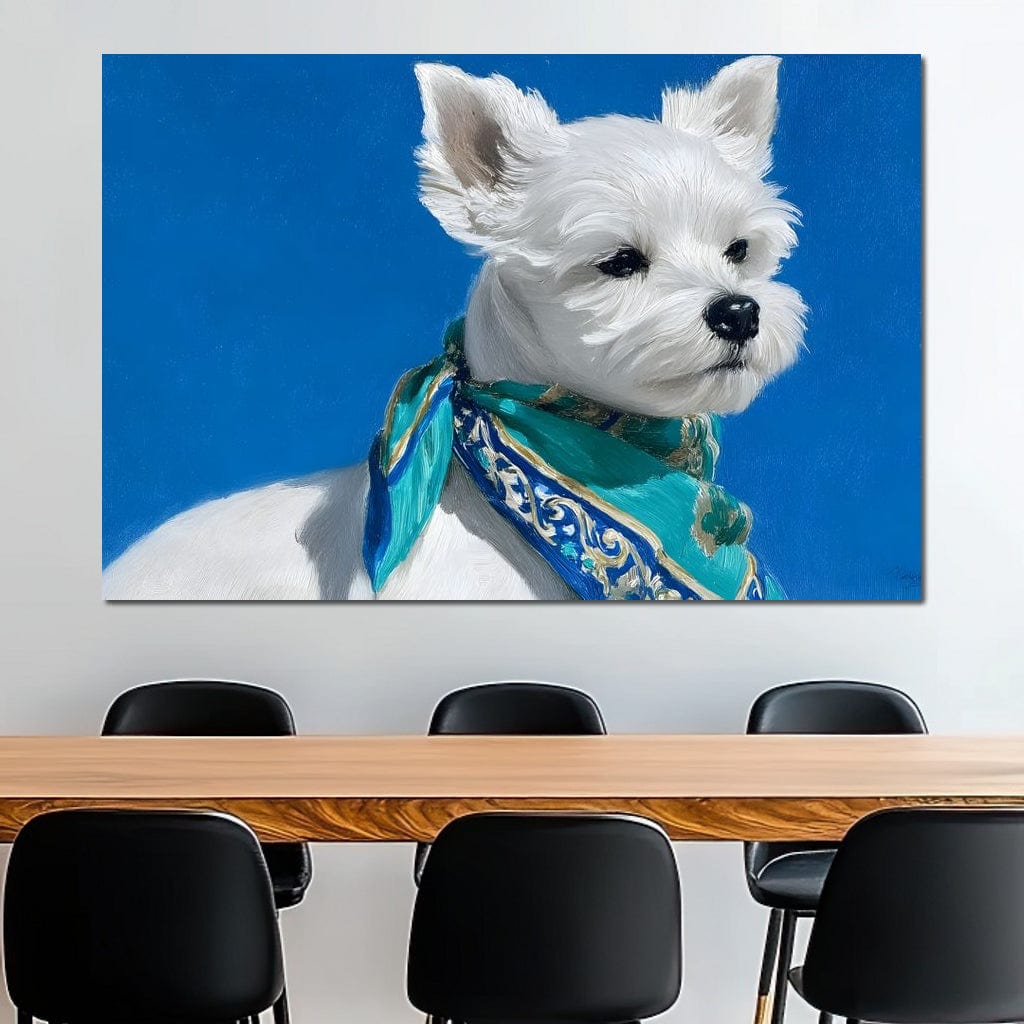 tablou canvas cu un caine alb cu esarfa turcoaz eleganta, surprins din profil pe fundal albastru deschis