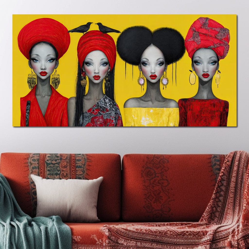 Tablou Canvas Premium, LuxCanva® G1135, Patru Regine si un Cantec, Regalitate, Femei, Pasari, Turbane, Zbor, Traditie, Cultura, Identitate, Feminism, Forta, Birou, Living