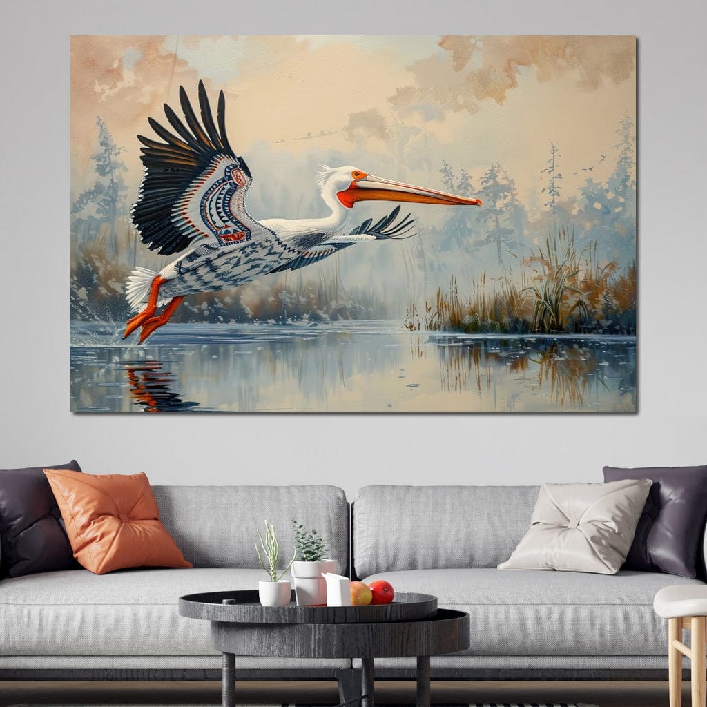 tablou canvas cu un pelican in zbor deasupra unui lac intr-un peisaj natural