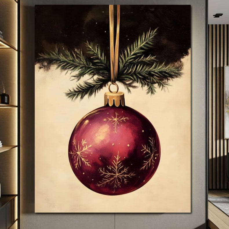 Tablou Canvas Premium, LuxCanva® D1078, Glob Regal, Stralucire, Visiniu, Frumusete, Aur, Rosu, Ramura, Verde, Brad, Podoaba, Iarna, Festiv, Panglica, Atemporal, Clasic, Camera Copil, Living, Dormitor