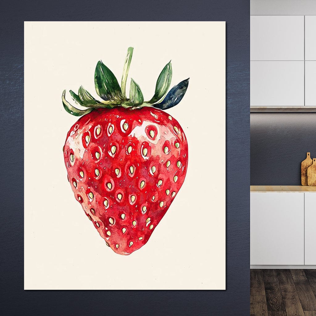 tablou canvas cu o capsuna, desenata in culori vibrante pe fundal alb