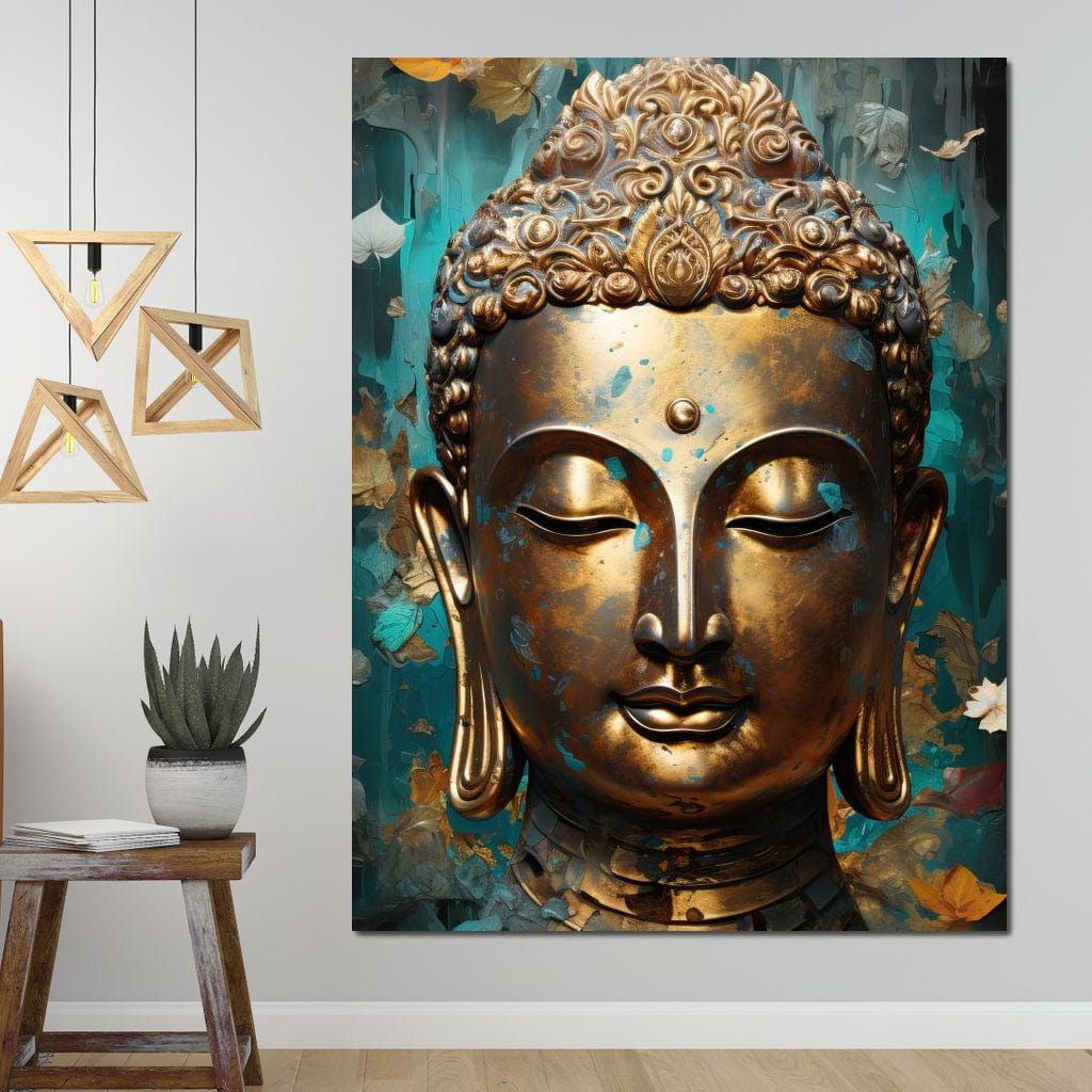 Tablou Canvas Premium LuxCanva® I127, Regal Zen, Buddha, Meditatie, Spiritualitate, Armonie, Pace Interioara, Echilibru, Eleganta, Frunze, Turcoaz, Gold, Living, Dormitor
