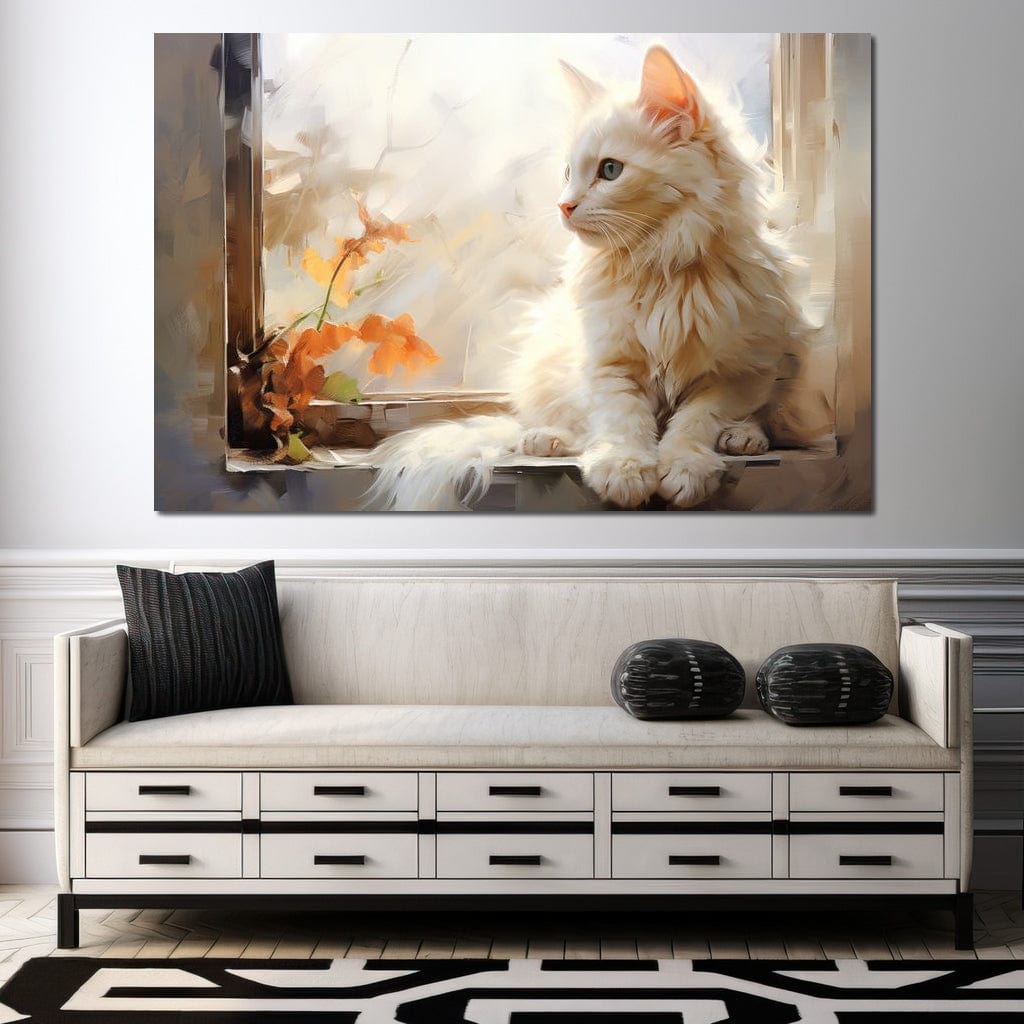tablou canvas cu o pisica alba si pufoasa asezata la fereastra, langa o floare colorata