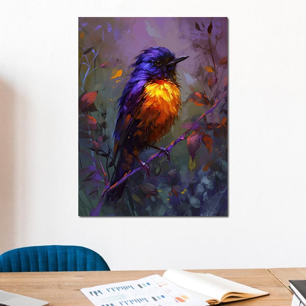 tablou canvas cu o pasare colorata in nuante vibrante, pe o ramura cu frunze multicolore