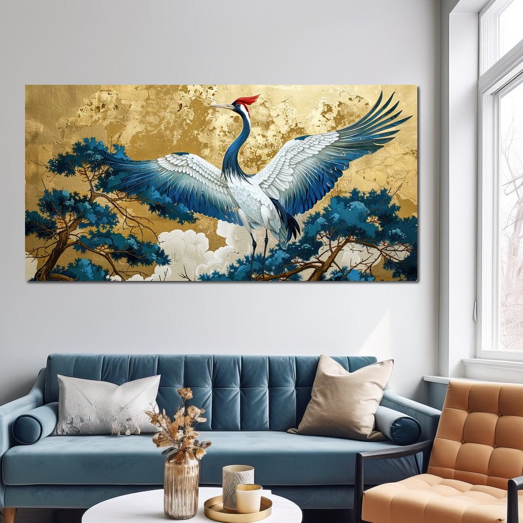 tablou canvas cu un cocor alb cu aripile intinse pe fundal de padure sub nori aurii