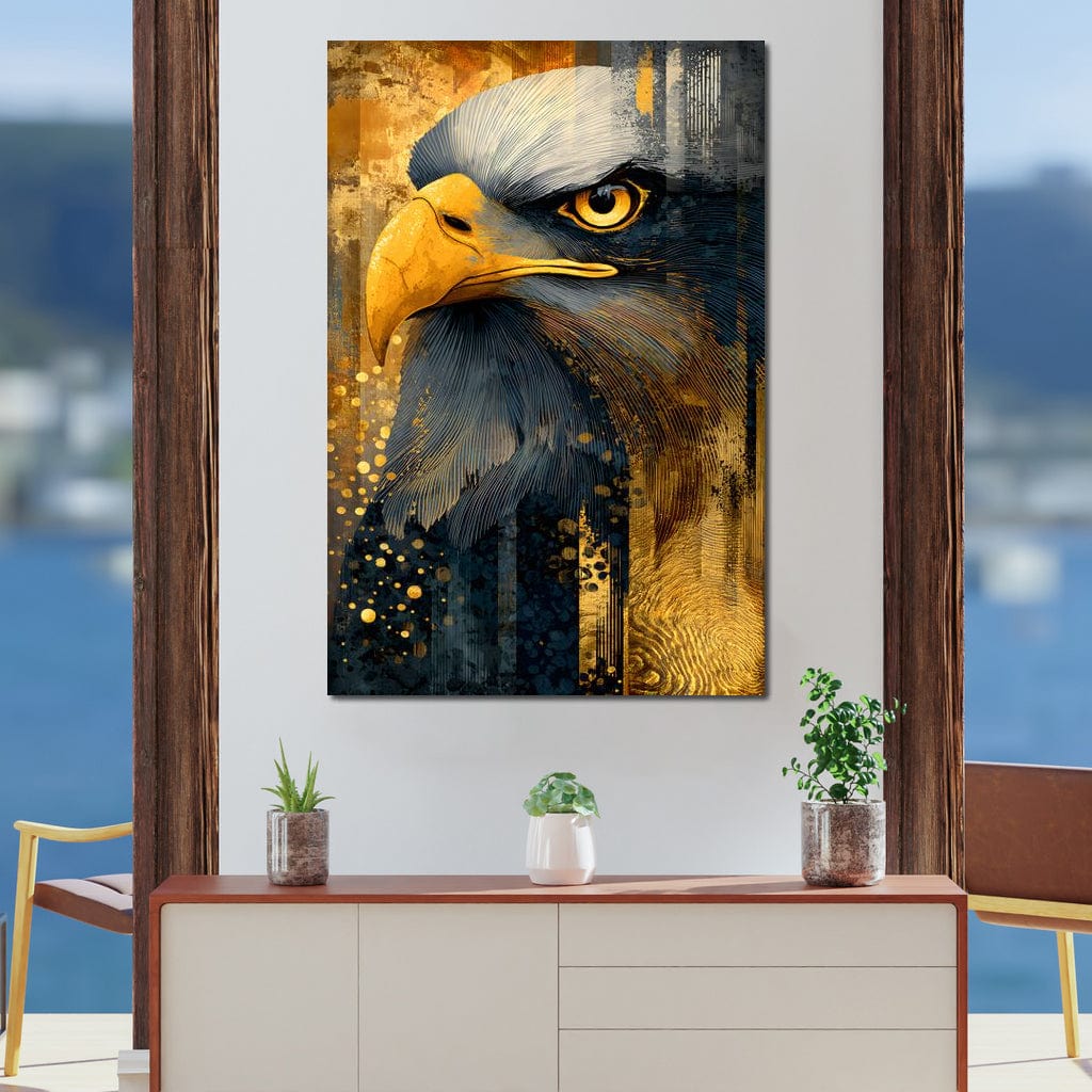 tablou canvas cu un vultur stilizat in nuante aurii si albastre