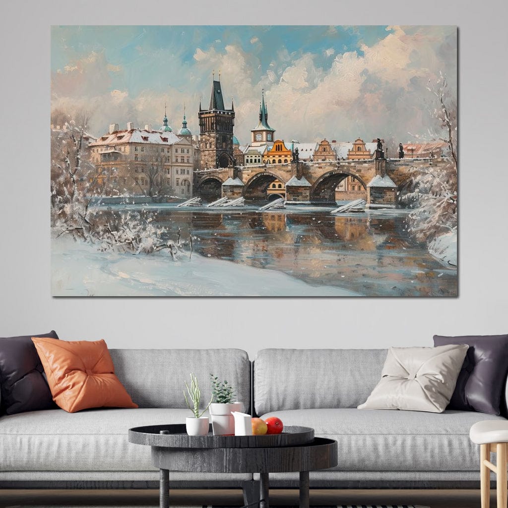 Tablou Canvas Premium, LuxCanva® O1044, Podul Carol in Zapada, Praga, Iarna, Magie, Ceh, Poveste, Farmec, Medieval, Cladire, Istorie, Capitala, Turn, Gotic, Armonie, Frumos, Birou, Living, Dormitor