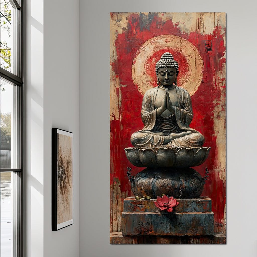 Tablou Canvas Premium LuxCanva® I148, Esenta Zen, Buddha, Zen, Meditatie, Yoga, Lotus, Aura, Spiritualitate, Armonie, Rugaciune, Pace Interioara, Rosu, Living, Dormitor