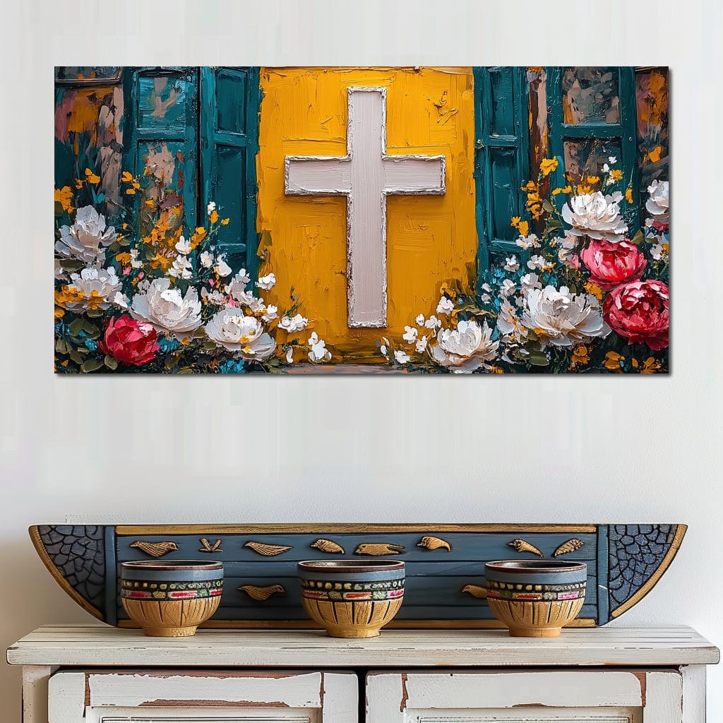 Tablou Canvas Premium LuxCanva® H1057, Evlavie Florala, Credinta, Cruce, Flori, Gradina, Lumina, Rasarit, Speranta, Puritate, Spiritualitate, Simbol Sacru, Living, Dormitor