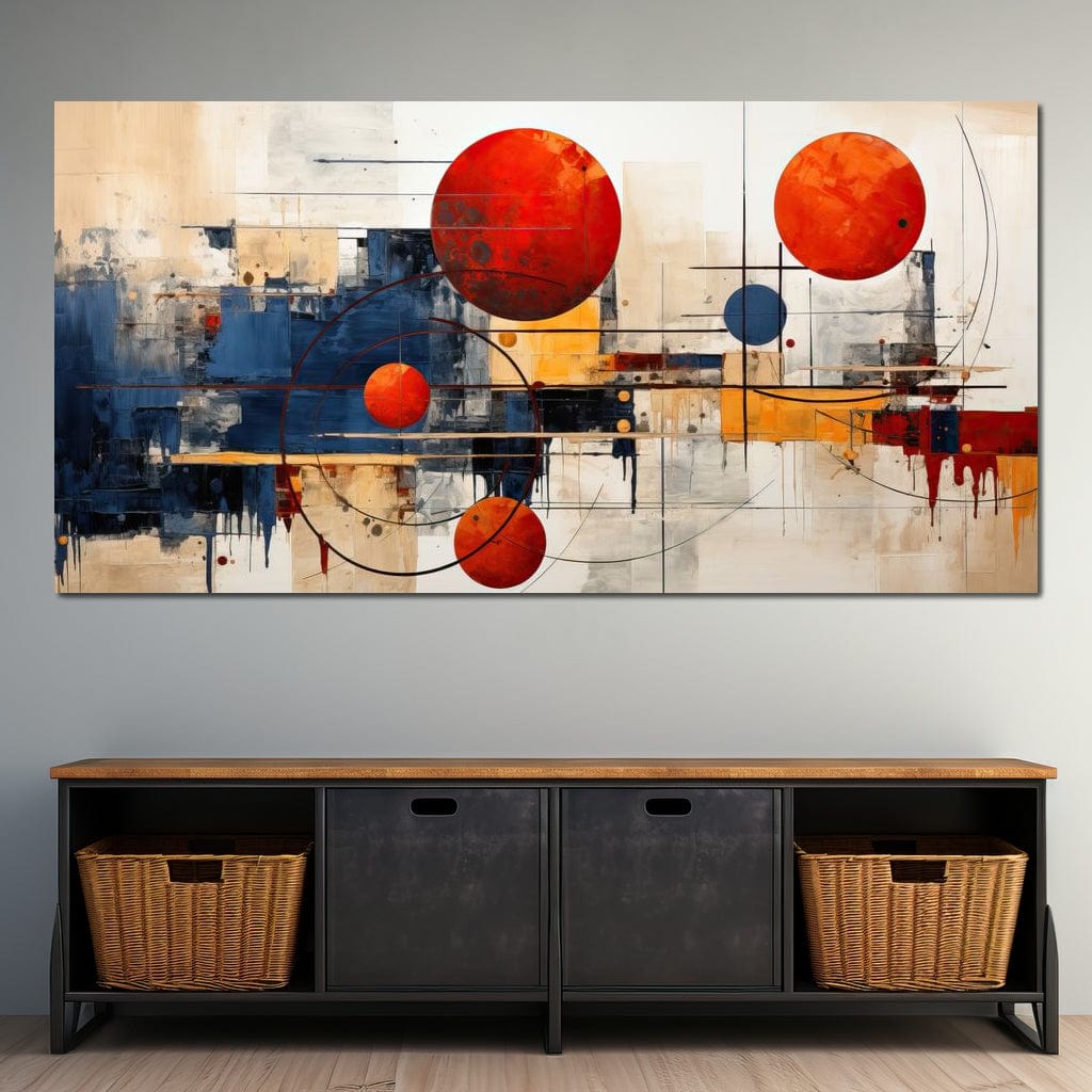 Tablou Canvas Premium, LuxCanva® J1019, Spatiu Descompus, Sfere, Rosii, Portocaliu, Orbite, Linii, Urban, Contraste, Compozitional, Decorativ, Fantasmic, Living, Dormitor