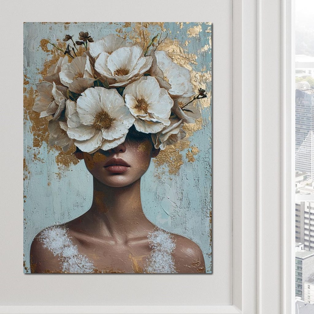 Tablou Canvas Premium LuxCanva® G1000, Ganduri Inflorite ,  Flori, Frumusete, Alb, Auriu, Petale, Estetica, Portret, Living, Dormitor, Culori vibrante