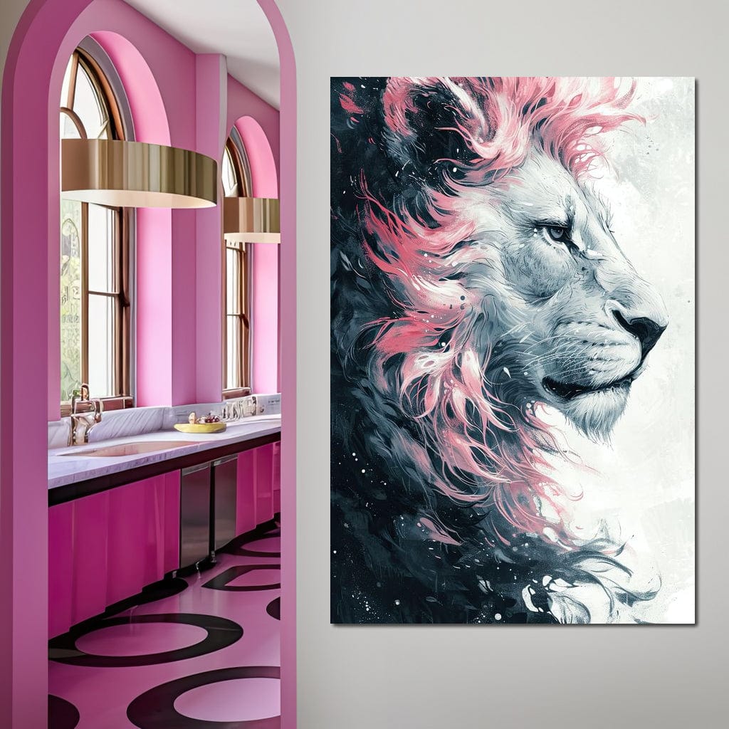 tablou canvas cu un leu surprins din profil, redat in nuante de gri si roz