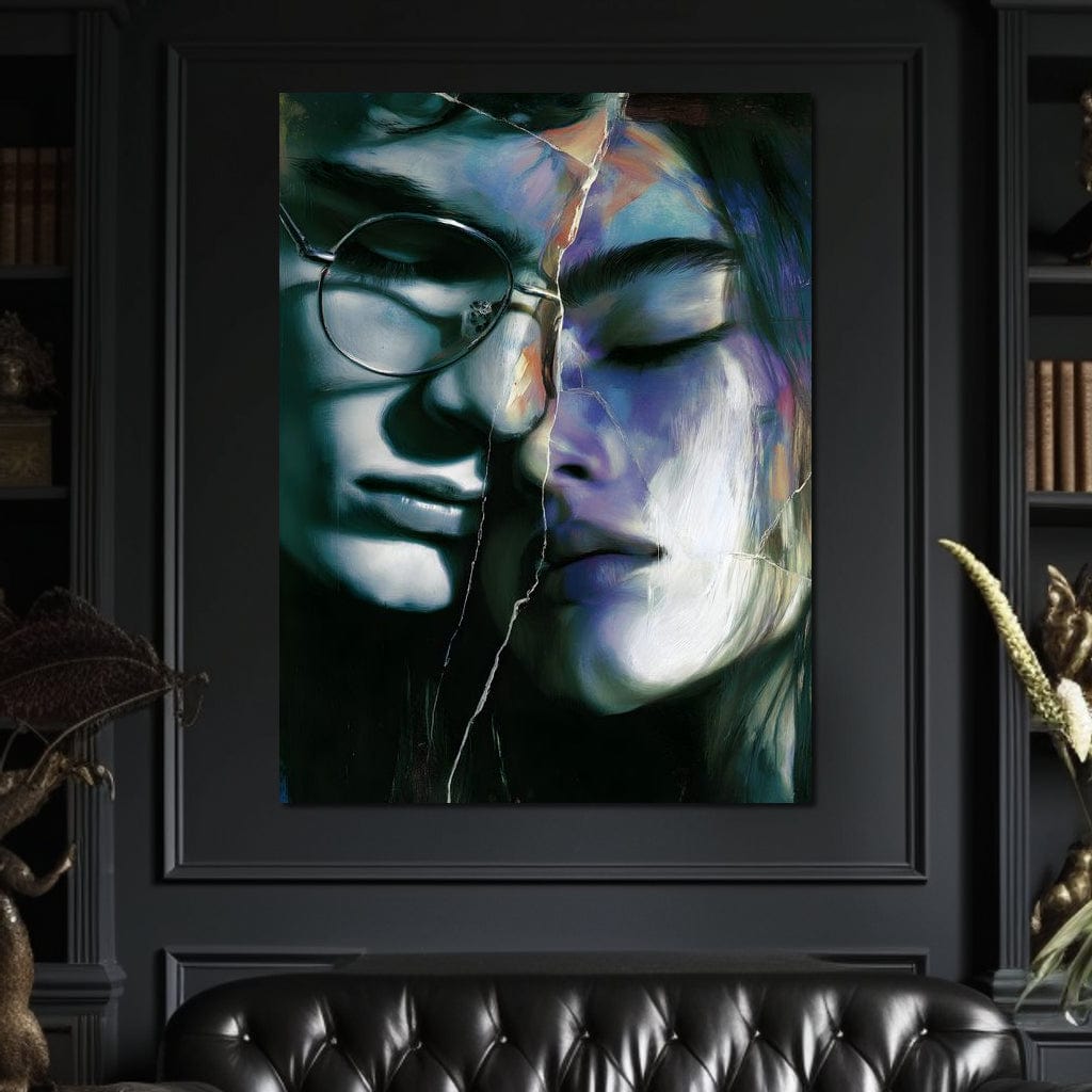 Tablou Canvas Premium, LuxCanva® G1242, Tacerea Dintre Noi, Cioburi, Rupt, Intreg, Iubire, El, Ea, Ochelari, Tacere, Atingeri, Dor, Unire, Fragilitate, Chipuri, Noi, Suflet, Cuplu, Salon, Living, Dormitor