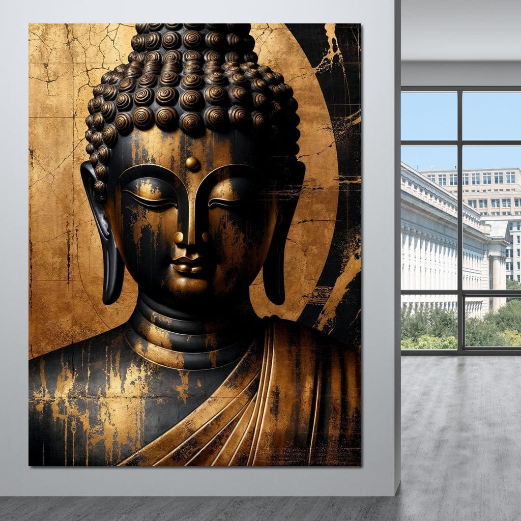 Tablou Canvas Premium LuxCanva® I130, Atingerea Nirvanei, Buddha, Zen, Spiritualitate, Meditatie, Armonie, Iluminare, Echilibru, Gold, Cadou Simbolic, Living, Dormitor