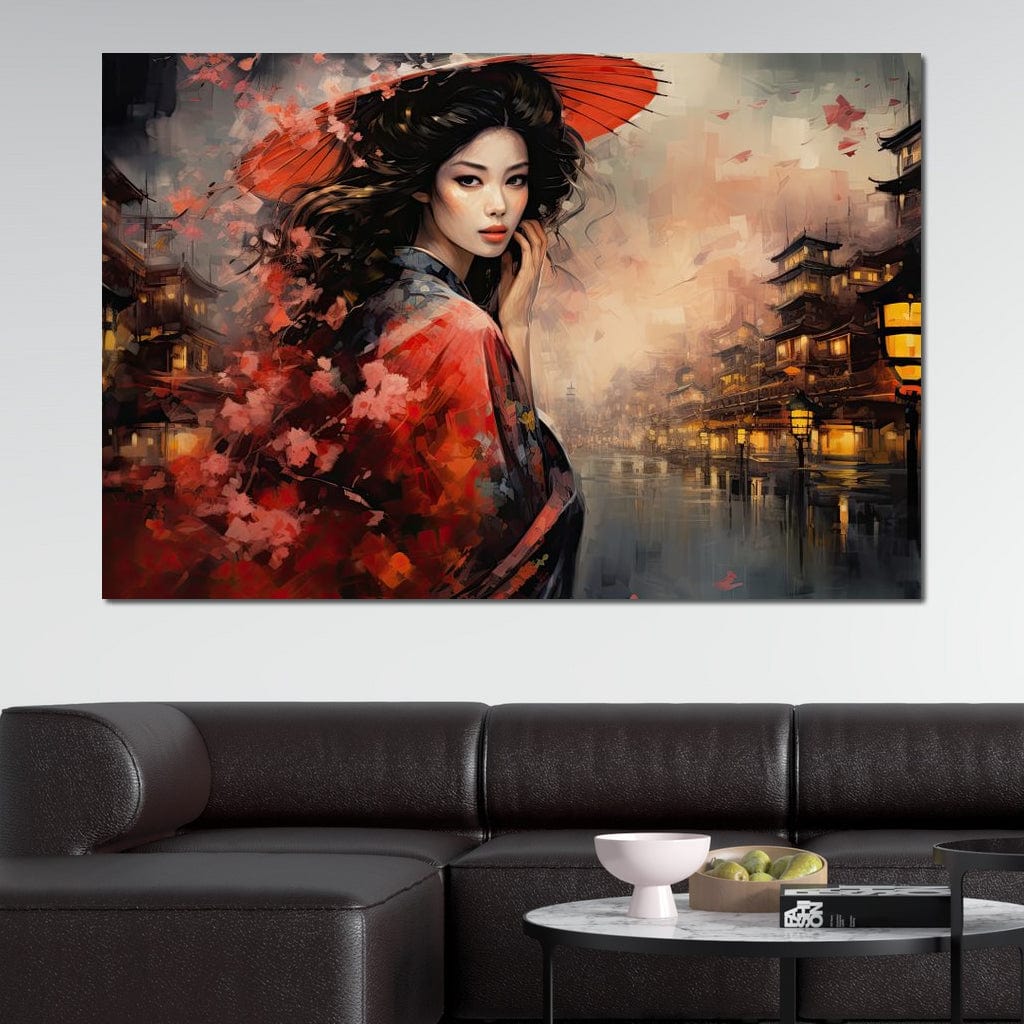 Tablou Canvas Premium, LuxCanva® G1116, Eleganta Japoneza, Gheisa, Vant, Ciresi, Nipona, Umbrela, Rosie, Kyoto, Asiatica, Living, Dormitor