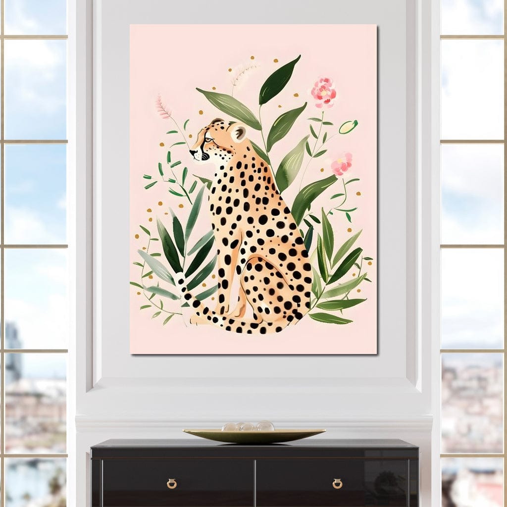 tablou canvas cu un leopard printre frunze intr-o pictura abstracta, pe fundal in culori pastelate