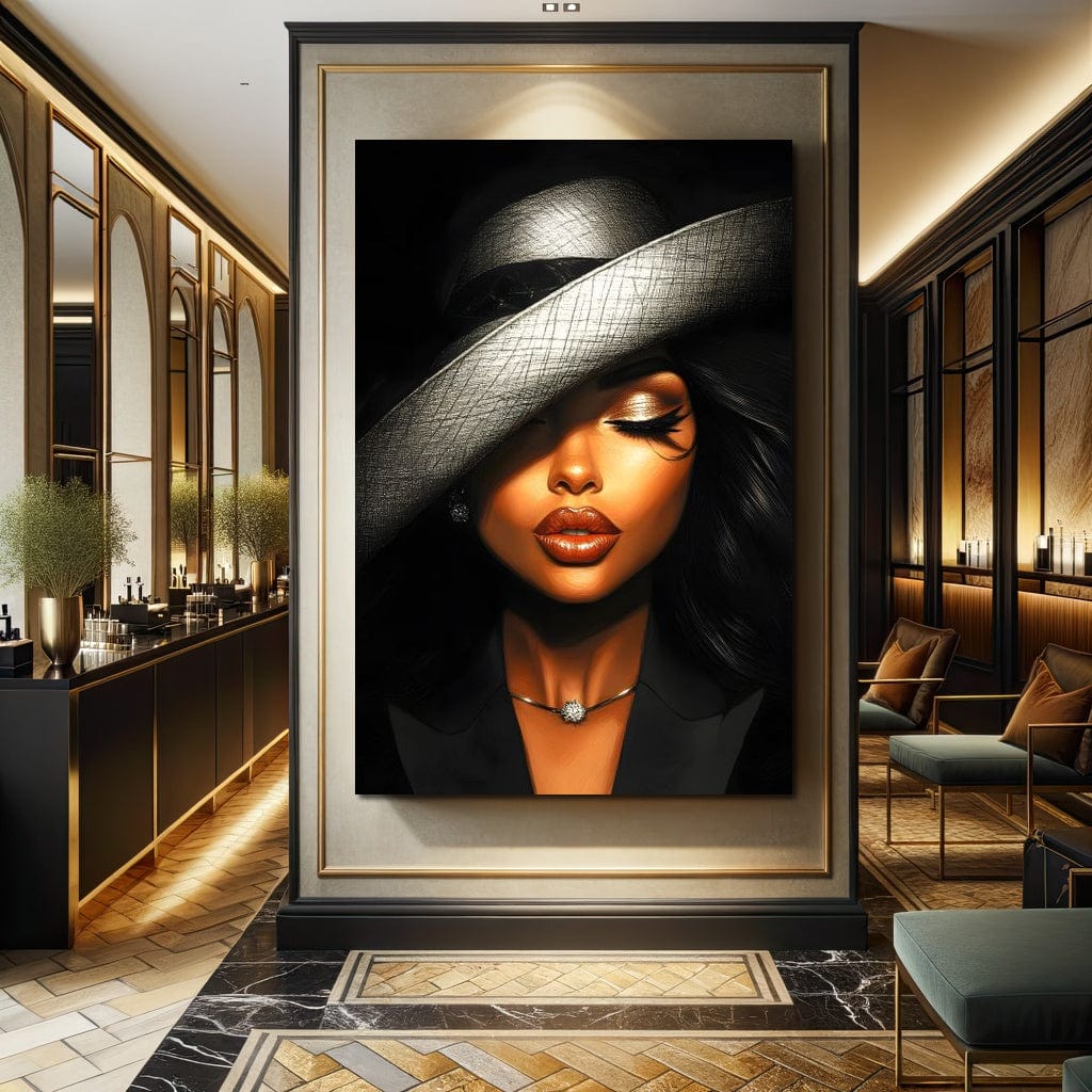 Tablou Canvas Premium, LuxCanva® G1181, Doamna cu Palarie de Argint, Lemn, Eleganta, Glamour, Enigmatica, Noblete, Editorial, Tacere, Arta, Fashion, Sarm, Icon, Chip, Birou, Living, Dormitor