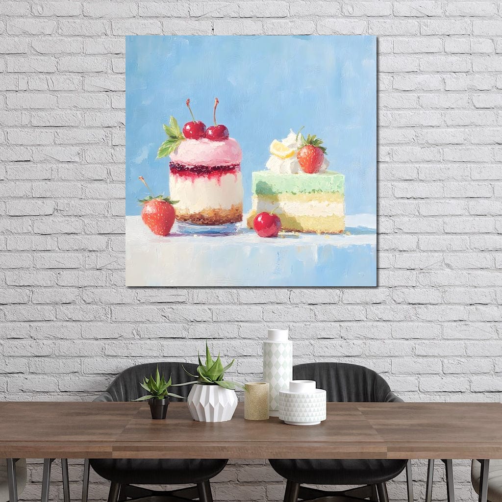 tablou canvas cu o prajitura si o felie de tort, decorate cu fructe proaspete, pe fundal pictat in nuante pastelate
