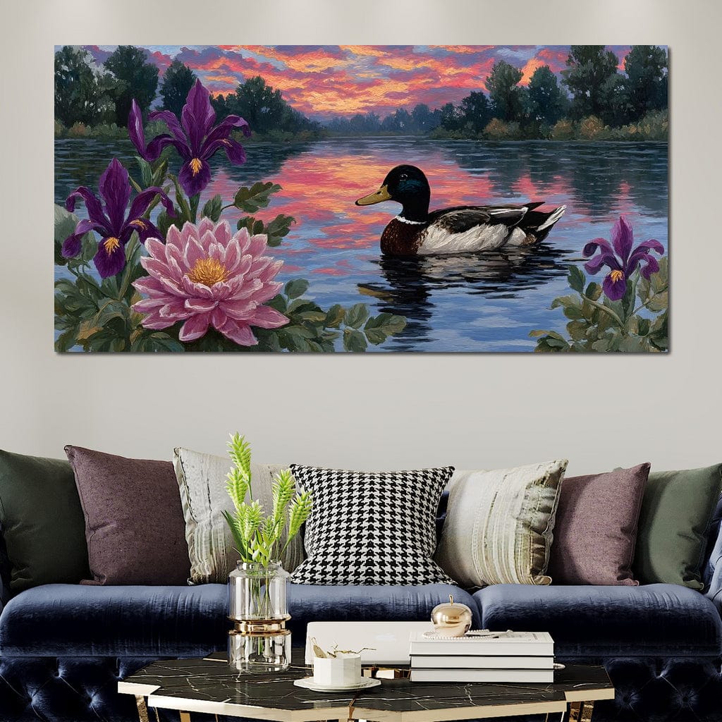 tablou canvas cu o rata plutind pe lac la apus, inconjurata de irisi mov si nuferi roz, pe fundal in stil pictural 