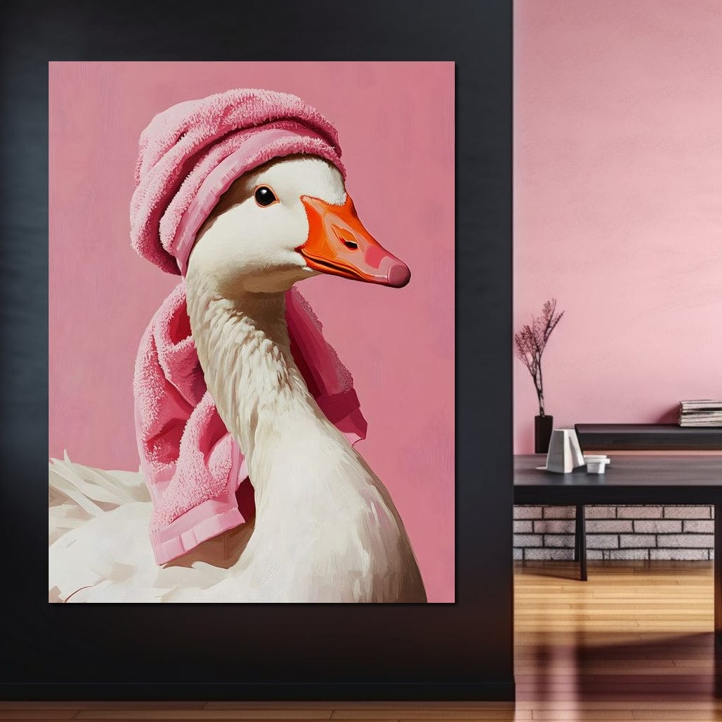 tablou canvas cu o gasca alba, cu un prosop roz, pe fundal roz pastelat