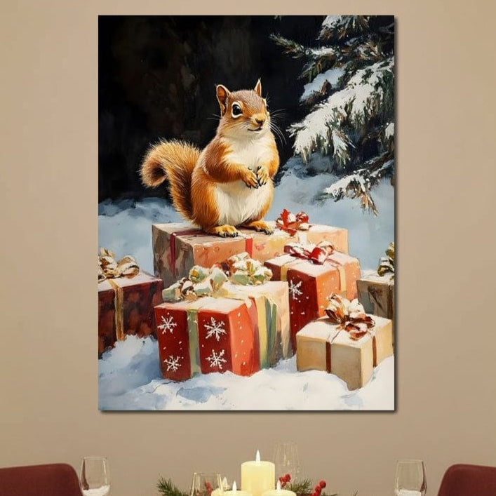 Tablou Canvas Premium, LuxCanva® D1072, Paznicul Cadourilor, Veverita, Cutii, Ambalaj, Daruire, Zapada, Brad, Natura, Iarna, Surpriza, Animal, Jucaus, Padure, Salbatic, Camera Copil, Living, Dormitor