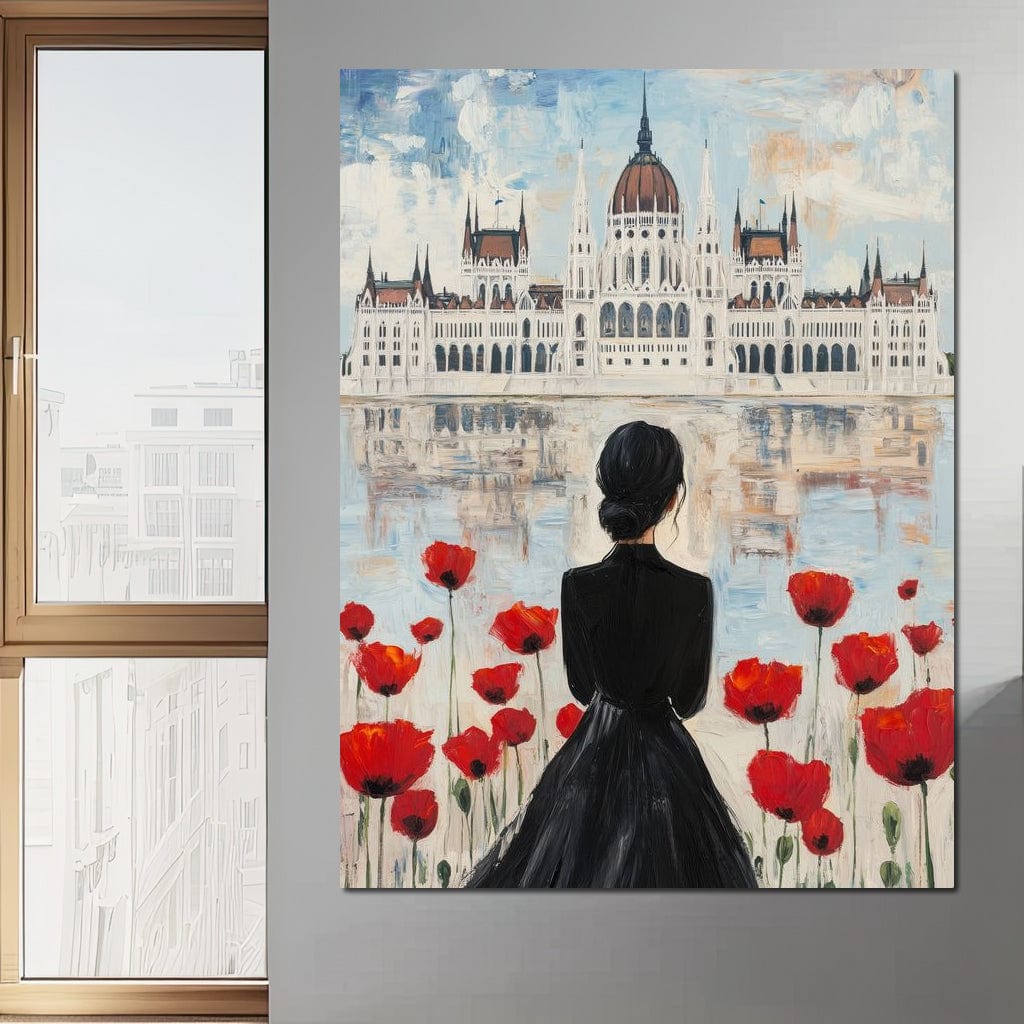 Tablou Canvas Premium, LuxCanva® G1120, Vis la Budapesta, Maci, Flori, Palat, Oras, Dunare, Rosu, Visare, Tacere, Femeie, Living, Dormitor