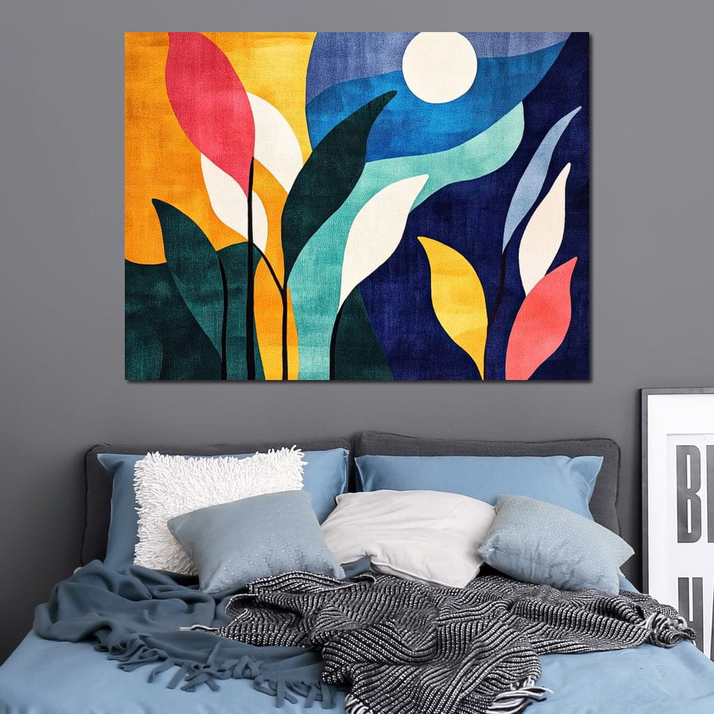 Tablou Canvas Premium, LuxCanva® J1009, Sub Lumina Lunii, Noapte, Tropicala, Gradina, Culori, Albastru, Ecosistem, Cromatic, Peisaj, Luna, Soare, Living, Dormitor