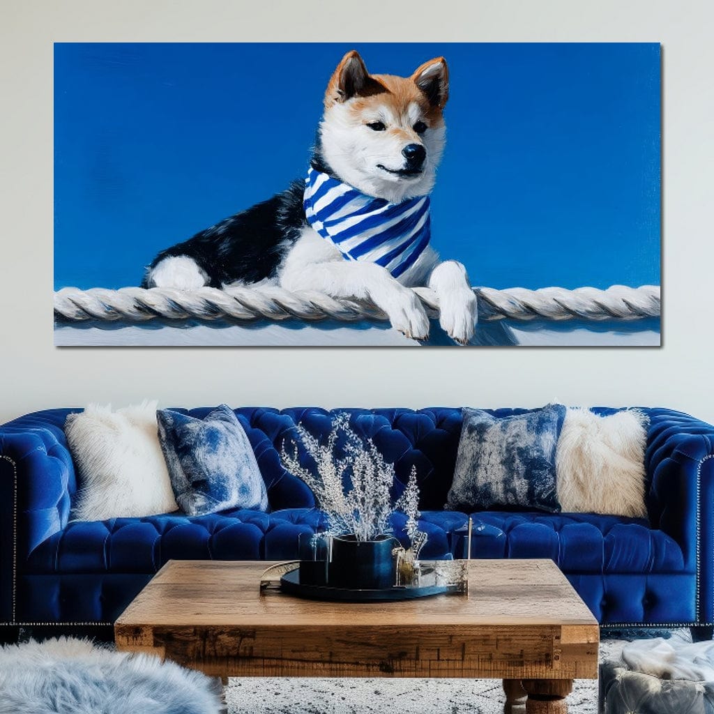 tablou canvas cu un caine shiba inu, purtand o esarfa marinareasca, sprijinit pe o franghie groasa pe fundal albastru