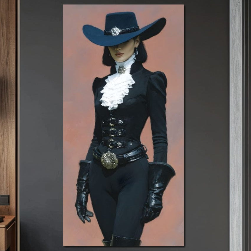 Tablou Canvas Premium, LuxCanva® G1225, Aristocrata Intunericului, Eleganta, Doamna, Palarie, Costum, Negru, Manusi, Mister, Puternica, Rafinata, Autoritara, Lux, Cavaleresc, Salon, Birou, Living, Dormitor