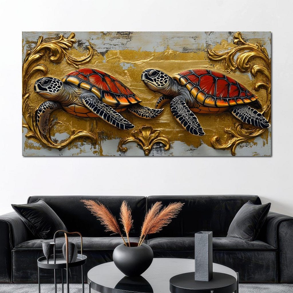 tablou canvas cu doua testoase cu carapace rosie pictate pe fundal auriu abstract