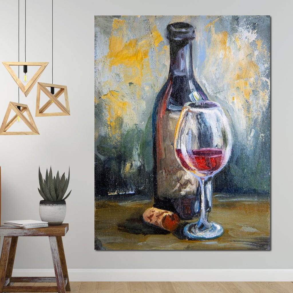 tablou canvas cu o sticla de vin cu dop de lemn si un pahar de vin rosu, pictate in stil rustic