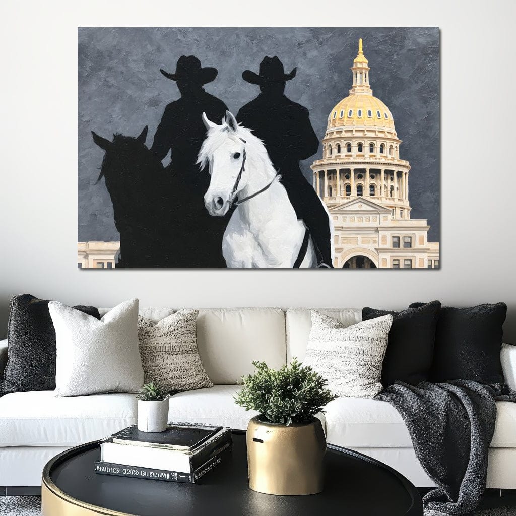 tablou canvas cu doi calareti, un cal alb si un cal negru in umbra, pe fundal cu o cladire istorica