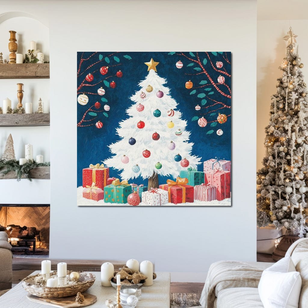 Tablou Canvas Premium LuxCanva® D1051, Farmecul Bradului Alb de Craciun ,  Bradut, Alb, Globulete, Cadouti, Ajun, Copilarie, Living Room, Culori vibrante