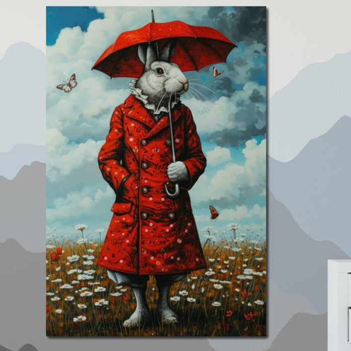 Tablou Canvas Premium, LuxCanva® K1005, Domnul Iepure si Fluturii, Plimbare, Ploaie, Rosu, Umbrela, Flori, Eleganta, Haina, Nasturi, Poveste, Basme, Animat, Camera Copii