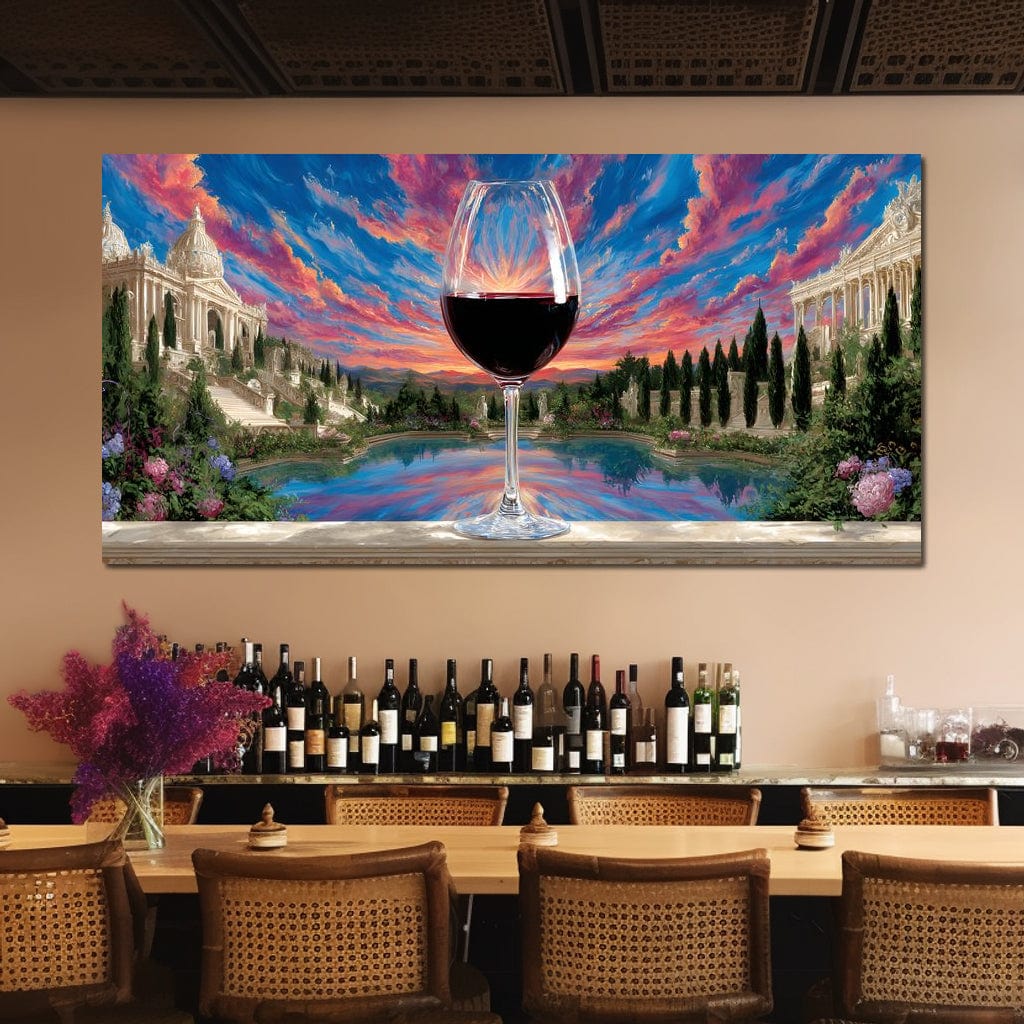 tablou canvas cu un pahar de vin rosu, pe fundal cu apus de soare si monumente istorice