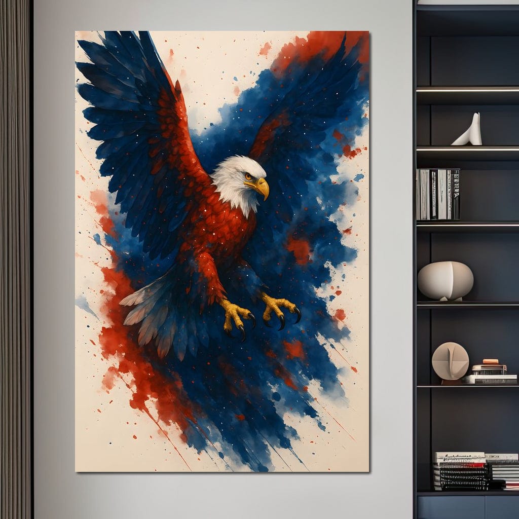 tablou canvas cu un vultur in culori patriotice de rosu, albastru si alb cu aripile desfacute pe fundal cu pete de culoare stil acuarela