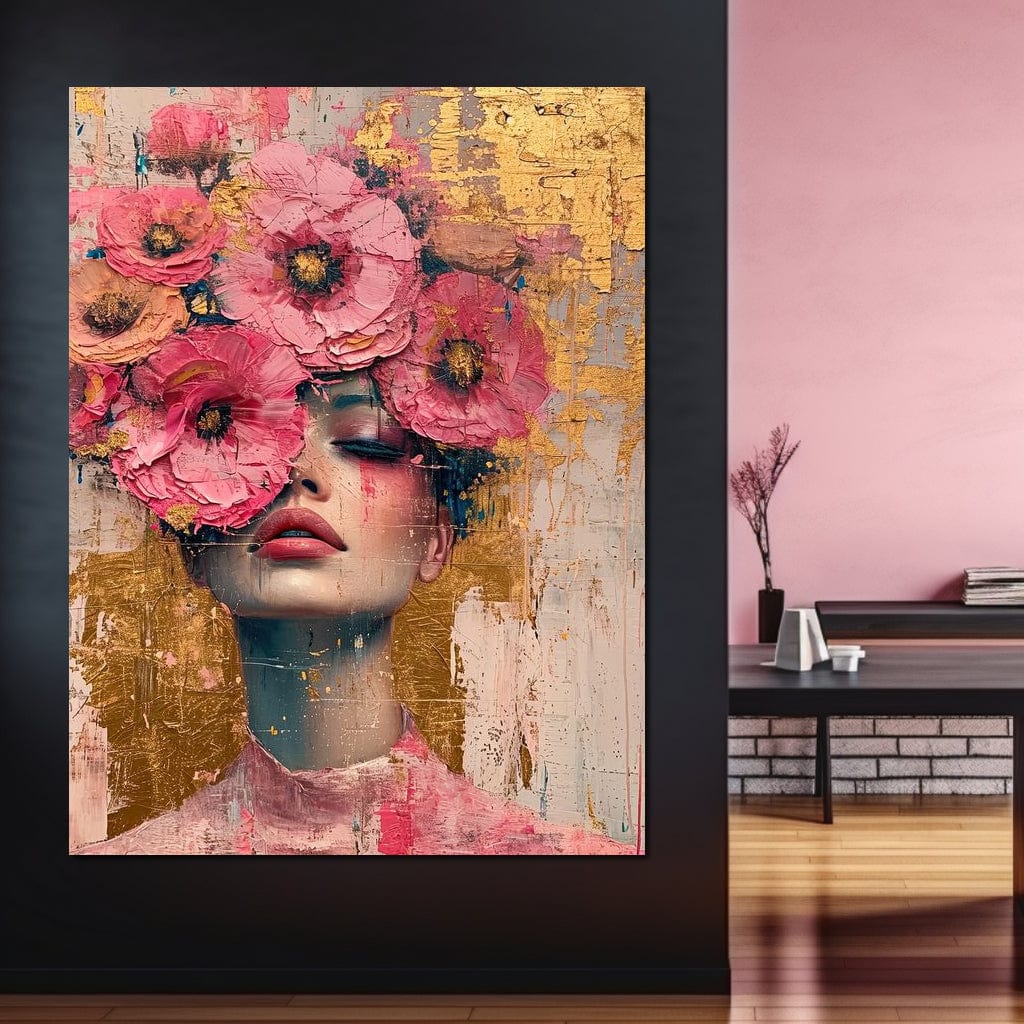 Tablou Canvas Premium LuxCanva® G1023, Gratie Inflorita , Delicatete, Flori, Petale, Aur, Portret, Pastel, Roz, Living, Dormitor, Culori vibrante