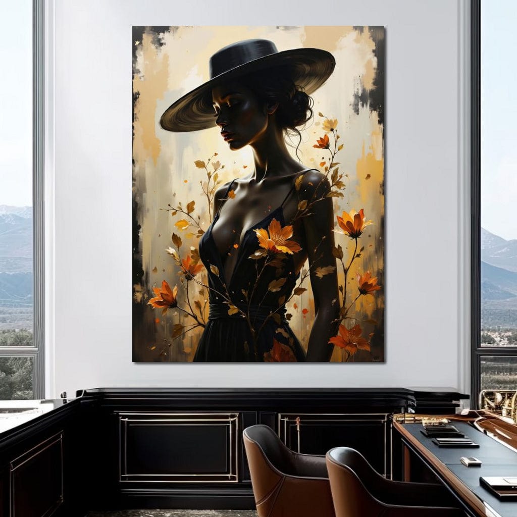 Tablou Canvas Premium, LuxCanva® G1170, Silueta de Rugina, Lady, Palarie, Rochie, Negru, Flori, Toamna, Dramatic, Silueta, Petale, Auriu, Romantism, Baroc, Boem, Poetic, Birou, Living, Dormitor