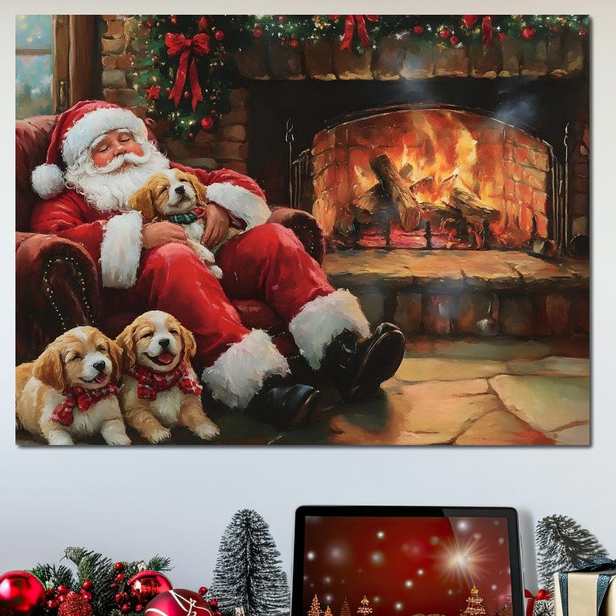 Tablou Canvas Premium, LuxCanva® D1091, Mos Craciun si Catelusii, Craciun, Catei, Semineu, Foc, Lemne, Copilarie, Sarbatoare, Brad, Luminite, Ajun, Rustic, Spirit, Magie, Camera Copil, Living, Dormitor