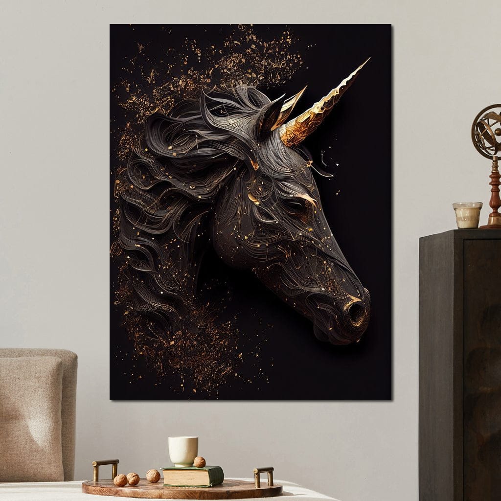tablou canvas cu un unicorn negru surprins din profil, pe fundal intunecat cu accente aurii