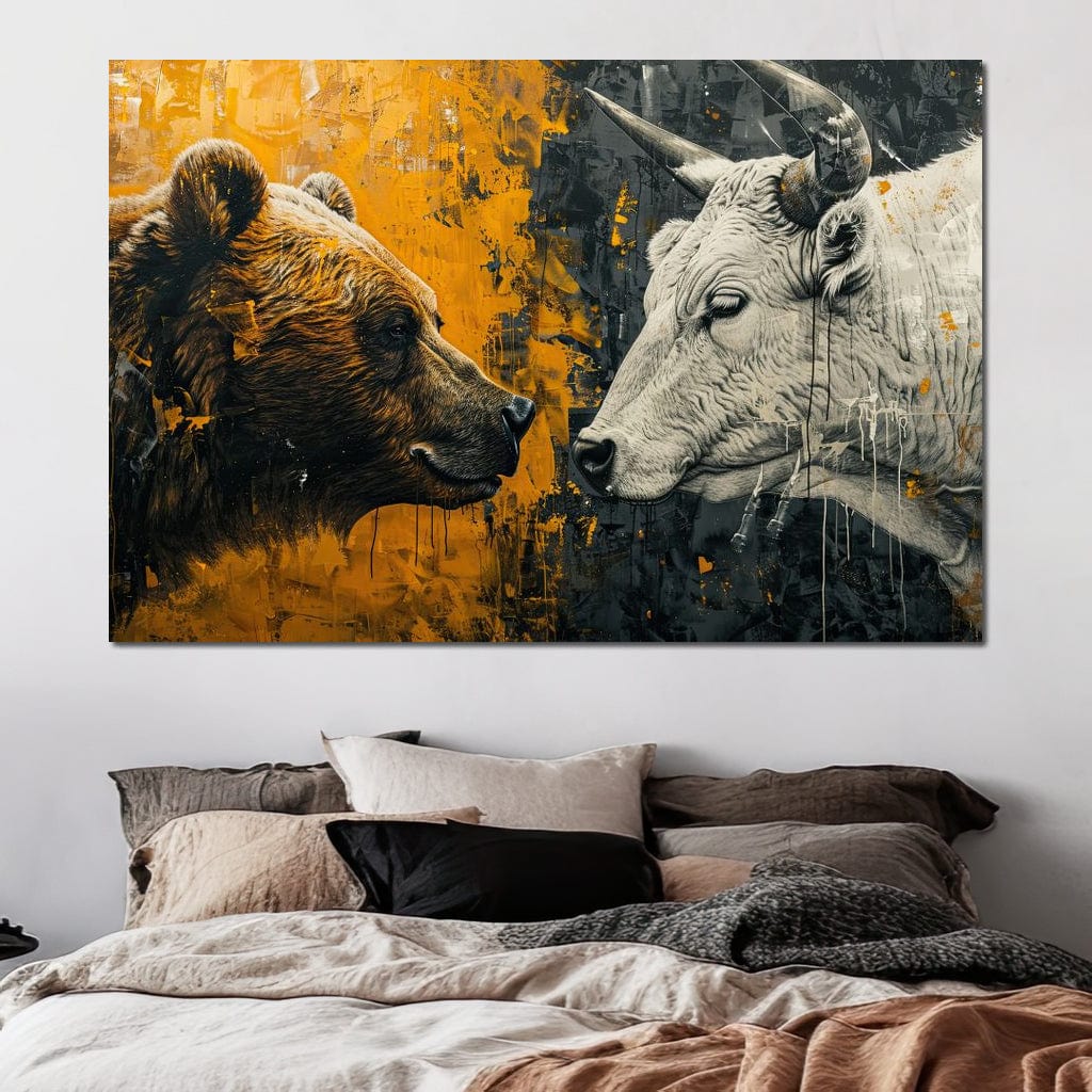 tablou canvas cu un urs si un taur fata in fata pe fundal galben si negru