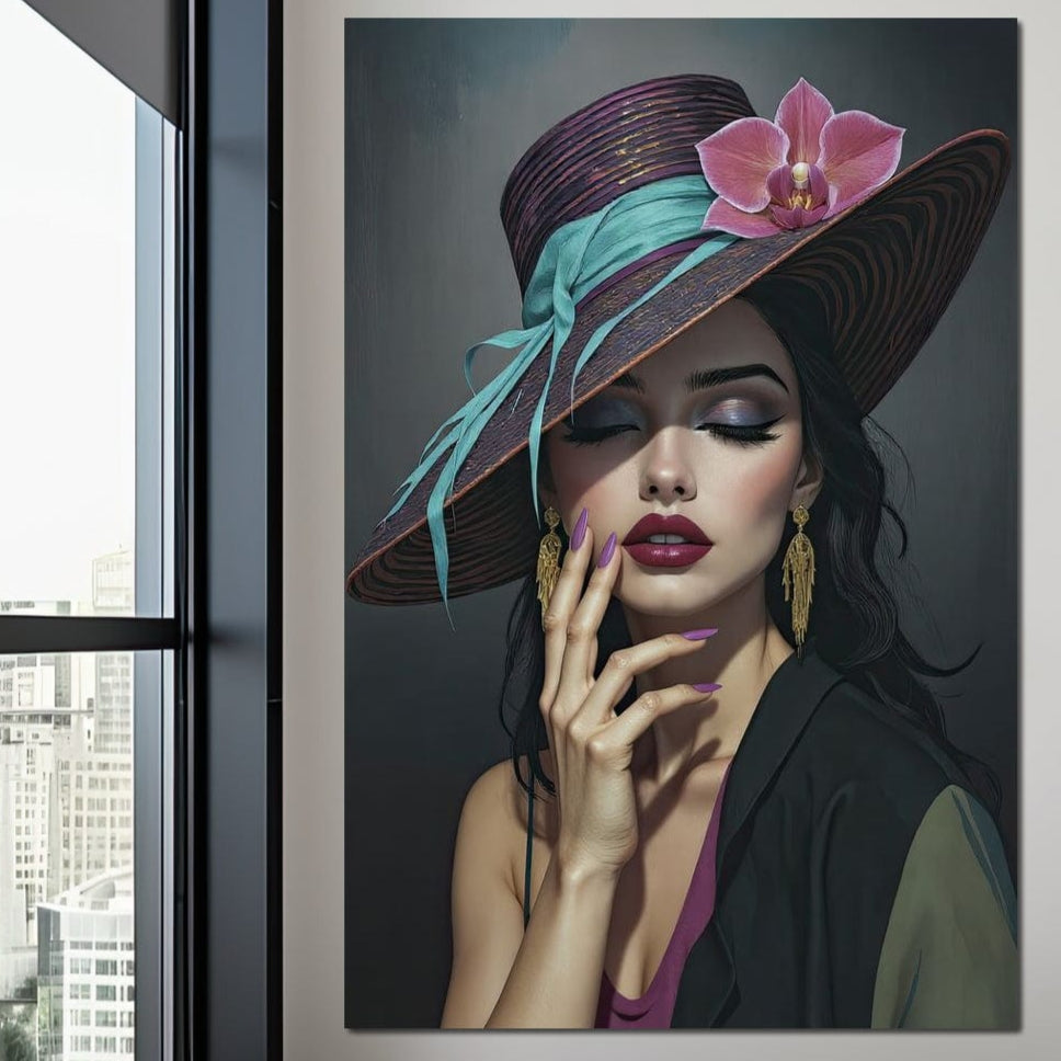 Tablou Canvas Premium, LuxCanva® G1214, Femeia Contemplativa, Lady, Palarie, Eleganta, Floare, Orhidee, Retro, Rafinament, Gratie, Divin, Vis, Privire, Catifea, Zeita, Salon, Birou, Living, Dormitor