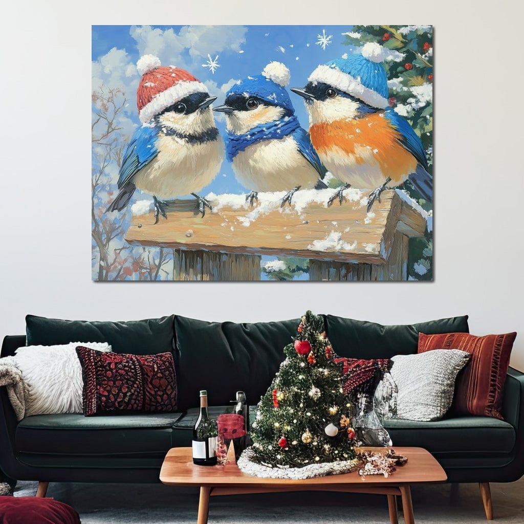 Tablou Canvas Premium LuxCanva® D1041, Pasarile Melodioase , Vrabiute, Caciulite, Creanga, Cantec, Iarna, Living Room, Culori vibrante