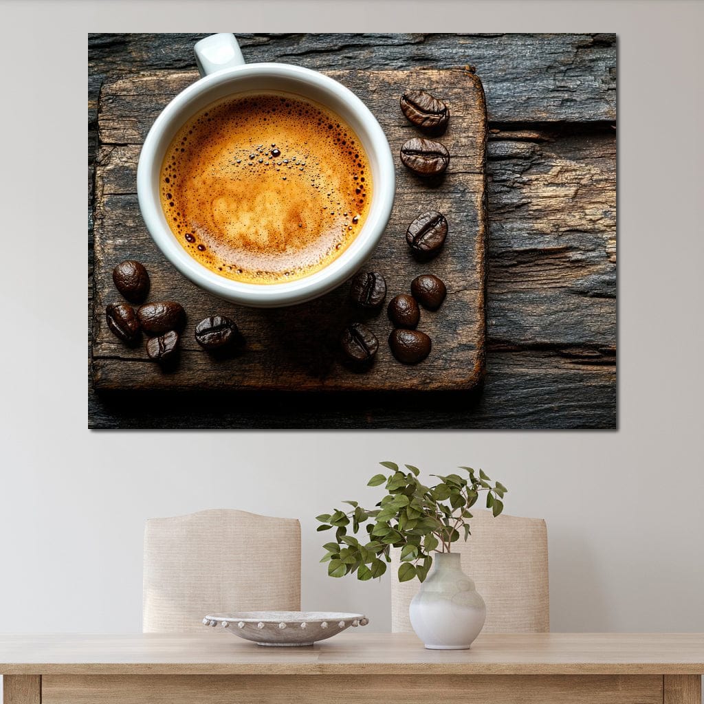 tablou canvas cu o ceasca de cafea espresso, pe un suport de lemn cu boabe de cafea, pe fundal rustic