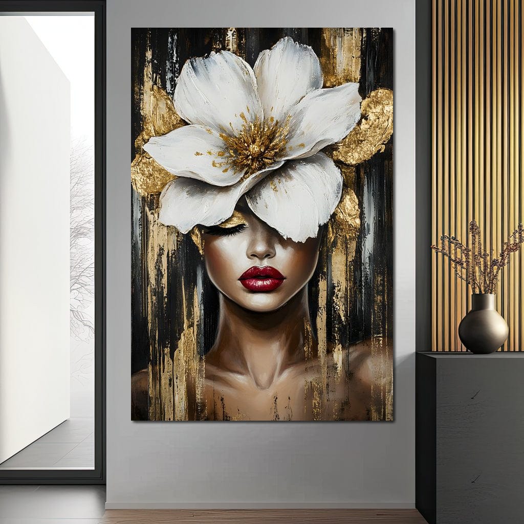 Tablou Canvas Premium, LuxCanva® G1103, Femeia de Sub Floare, Chip, Angelic, Inflorire, Delicatete, Fragilitate, Pasiune, Flori, Living, Dormitor