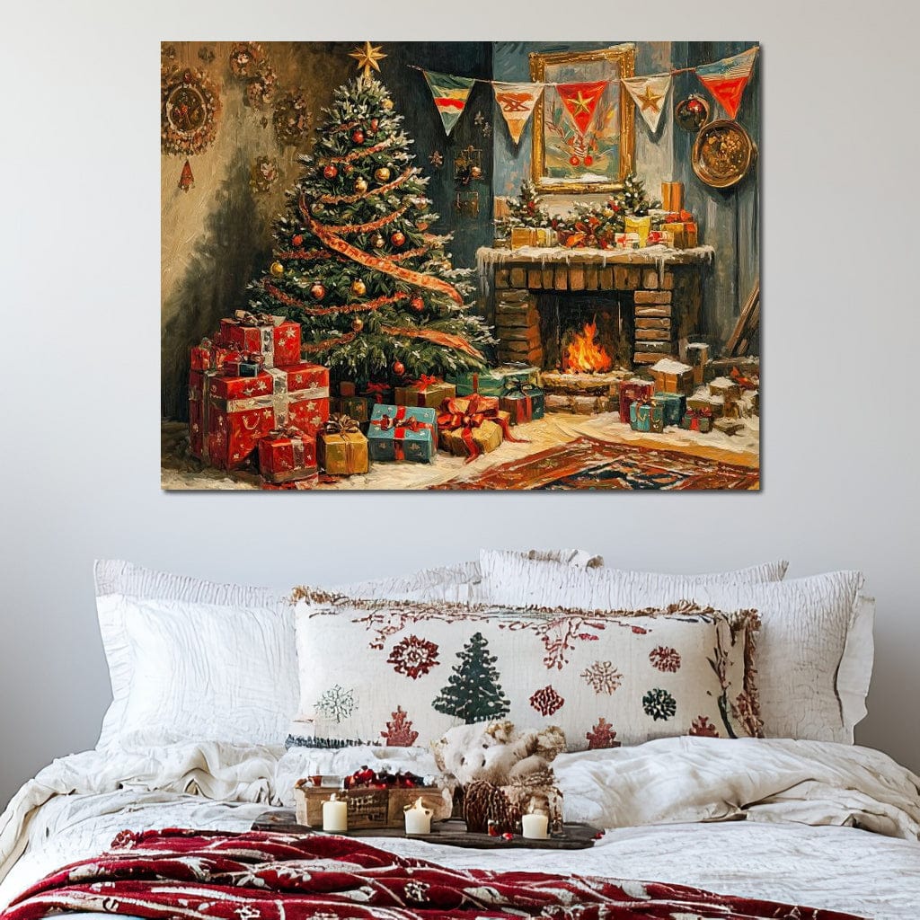 Tablou Canvas Premium LuxCanva® D1019, Noaptea de Ajun ,  Brad, Beculete, Semineu, Foc, Daruri, Living Room, Culori vibrante