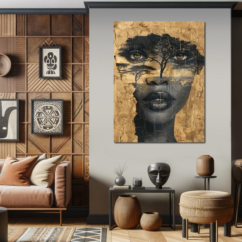 Tablou Canvas Premium LuxCanva® G1008, Chipul Africii , Natura, Copaci, Pamant, Privire, Simbolism, Femeie, Living, Dormitor, Culori vibrante